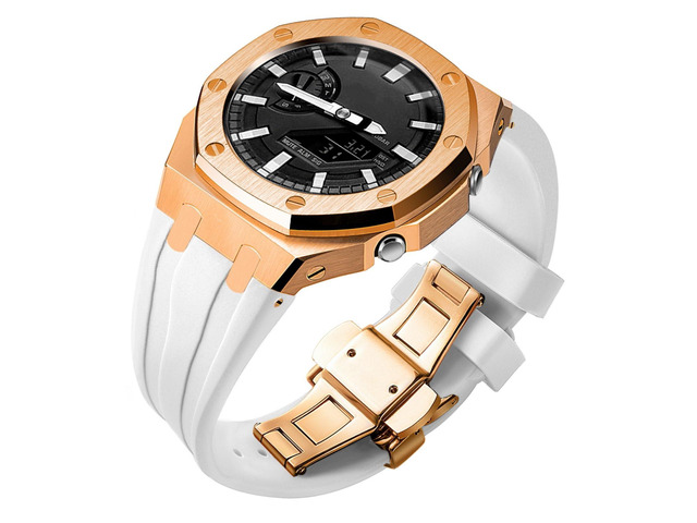 Ga2100 Band Case Strap Mod Kit,Pink Gold Stainless Steel Metal Case Bezel 9 match Color Silicone Band Strap Parts Compatible With Casio G shock...