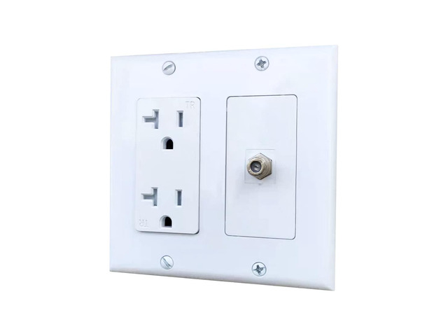 20Amp Power Outlet with 1 Port Coax Insert Wall Plate - Electrical Outlet and Coaxial Cable TV Cover Plate for Wall Mount TV - White