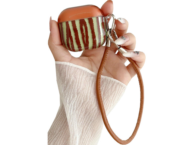 JANMD for AirPods 3 Case with Strap, Fashion Simple Brown Green Irregular Stripes Design Charm Keychain Women Girls Shockproof Case for AirPods 3