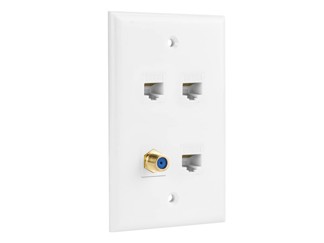 Ethernet Coax Wall Plate, 3 Port Cat 6 RJ45 Keystone and 1 Port TV Coax F Type Keystone Wall Outlet