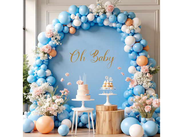 7.2FT Baby Blue Round Backdrop Cover with Oh Baby Decal Sign for 5-7.2ft Circle Arch Stand - Thick Fitted Spandex Circle Backdrop Cover for Baby...