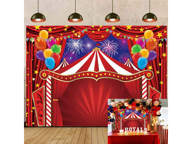 Red Circus Tent Backdrop 7x5FT Carnival Theme Photography Background Red Circus Amusement Park Fireworks Banner for Newborn Baby Shower Birthday...