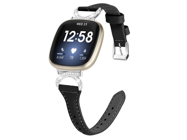 Compatible with Fitbit Sense 2/Fitbit Versa 4 3 Bands for Women Men, Soft Genuine Leather Band Slim Strap Replacement Accessory Wristband + Metal...
