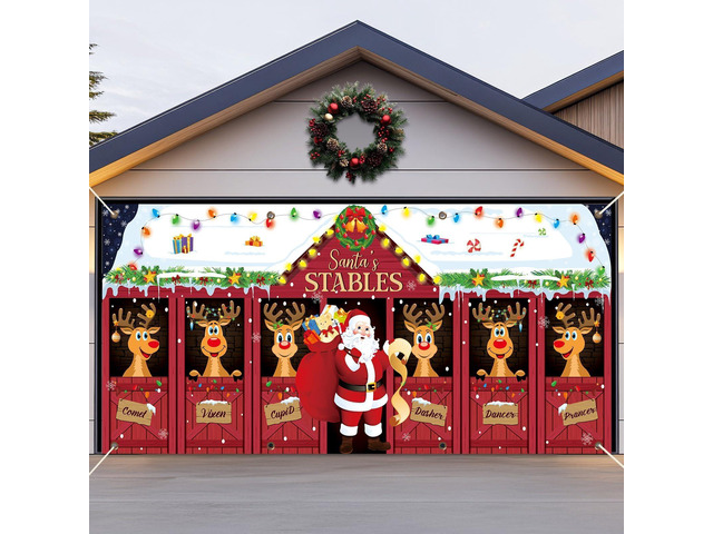 16x7ft Christmas Garage Door Banner Deer Garage Door Covers Large Reindeer Stables Santa Claus Christmas Elk Backdrop Decorations for Winter Xmas...