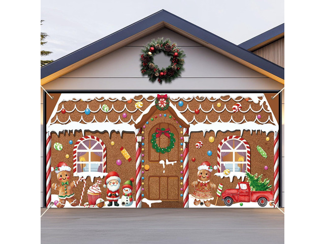 16x7ft Christmas Garage Door Banner Gingerbread Garage Door Covers Large Gingerbread Man Snowman Santa Christmas Backdrop Decorations for Winter...