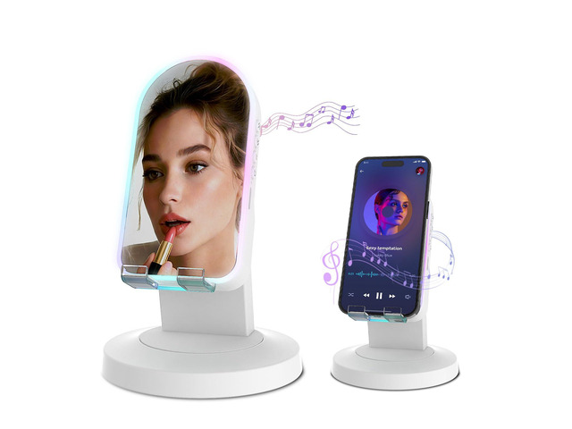 Wireless Induction Speaker with 360° Rotating Base, Bluetooth Speaker Phone Stand with Center Mirror, Stereo Sound for Kitchen Desk, RGB Ambient...