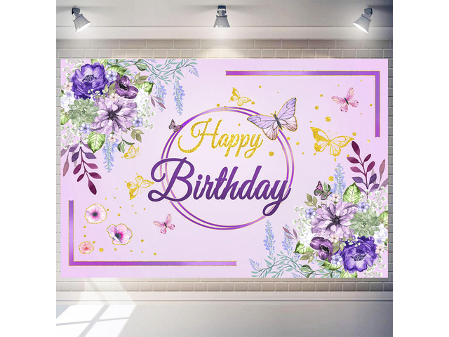 Birthday Party Background,Elegant Purple & Gold Floral Butterfly Happy Birthday Backdrop 7x5 ft Romantic Party Decoration Cloth for Birthday...