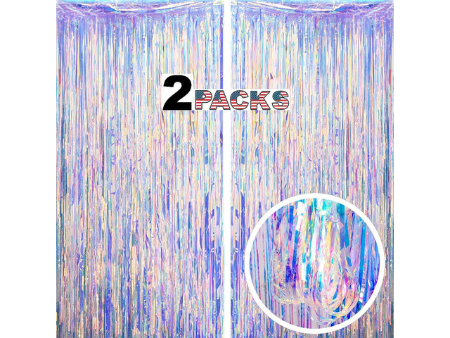 Gorgeous Holographic Iridescent Fringe Curtain - 2 Pack of 8.3ft x 3.3ft Tinsel Streamer for Wedding Birthday Party Bridal/Baby Shower Christmas...