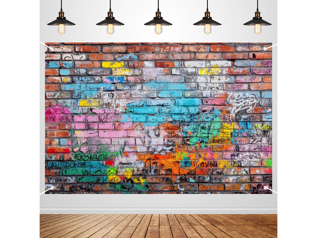 Colorful Graffiti Brick Wall Backdrop Banner - Urban Street Art Photography Background for Studio, Music Videos, Portraits & Photo Booth 72x43 Inch