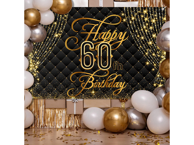 Happy 60th Birthday Banner Backdrop Royal Curtain Decorations Black Gold Background 60 Years Old Bday for Women Men Photography Party Decor Supplies