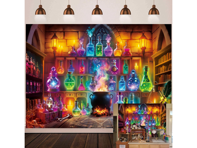 Halloween Chemistry Lab Backdrop Magic Potion Room Colorful Bottles Cauldron Spooky Witchy Scene Photography Background Halloween Magic School...