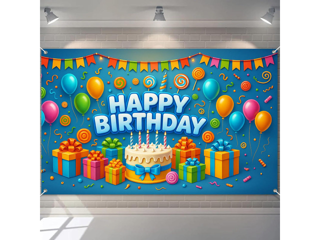 Happy Birthday Banner 71x43 Inch Gift Cake Blue Background Decoration for Boys Candy Theme Poster Backdrop Wall Scene Happy Birthday Banner Kids...