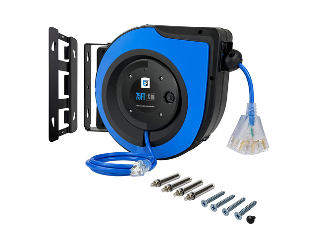 Retractable Extension Cord Reel,75 Feet 14 AWG/3C SJTOW Heavy Duty Power Cord,10 AMP Circuit Breaker, 3-Lighted Triple Outlets,Ceiling or Wall...