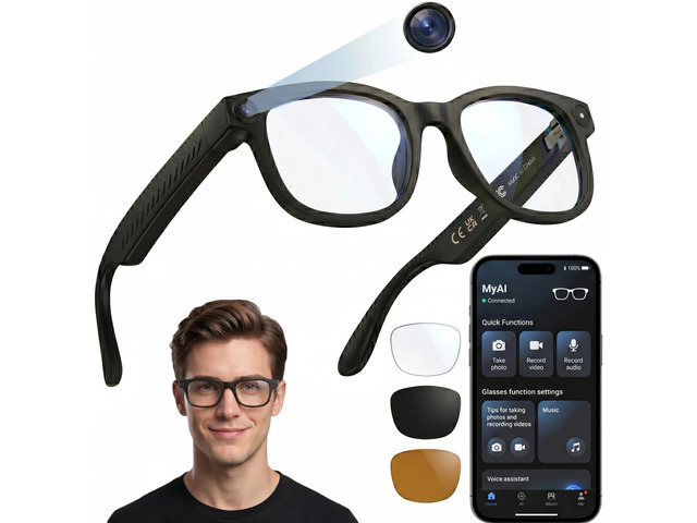 AI Smart Glasses with Voice Assistant & 1080P Camera, Bluetooth Audio & Real-Time Translator; with Anti-Shake Video, Magnetic Charging,...