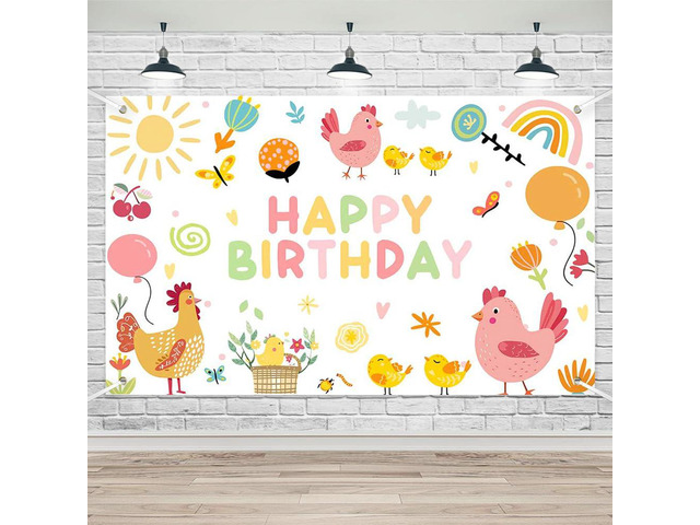 Chicken Birthday Party Banner Happy First Birthday Decorations for Girls Farm Animals Theme Newborn Baby Photo Backdrop Supplies (70.8x43.3inch)