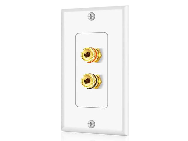 TNP Speaker Wall Plate for 1 Speaker, Banana Plug, Single Gang, White Speaker Wire Wall Outlet with Gold-Plated Binding Posts for Spades or Bare...