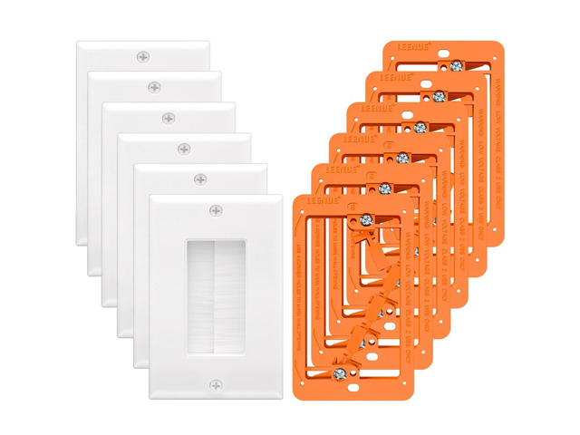 6 Pack Brush Wall Plate with Mounting Bracket, Cable Pass Through Single Gang Cord Hider Decorator Cover for Low Voltage Wires, TV Home Theater...
