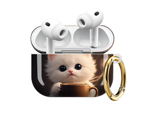 Compatible with AirPod Pro 3 Case (2025), Shockproof Dustproof Protective Cover with Cute Golden Keychain for Women & Girls - Cute Cat Coffee Cup
