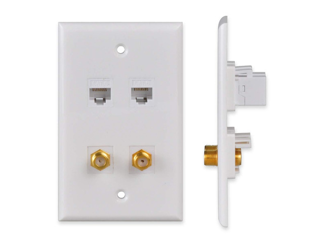 Ethernet & Coax Wall Plate - Cat6 Coax Keystone Wall Plate with 2 RJ45 Ethernet Ports + 2 TV Coax Cable/F-Type Insert Jacks