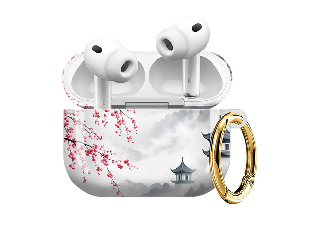 Compatible with AirPod Pro 3 Case (2025), Shockproof Dustproof Protective Cover with Cute Golden Keychain for Women & Girls - Cherry Blossom Lake...