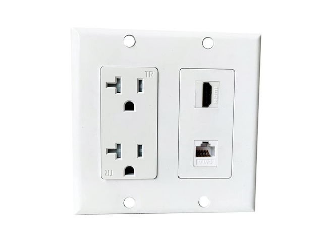 20Amp Power Outlet with Ethernet HDMI Port Wall Plate - Duplex Receptacle Outlet with 1 Port HDMI, 1 CAT6 RJ45 Cover Plate - White
