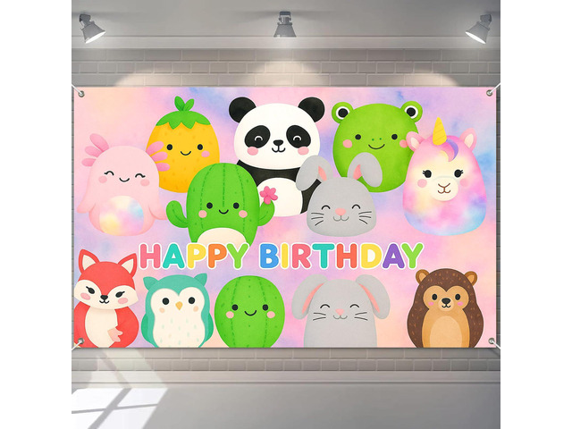 Cute Round Animal Birthday Banner 71x43 Inch Polyester Polyester, Cute Animal Pattern, Birthday Backdrop for Home, School, Park