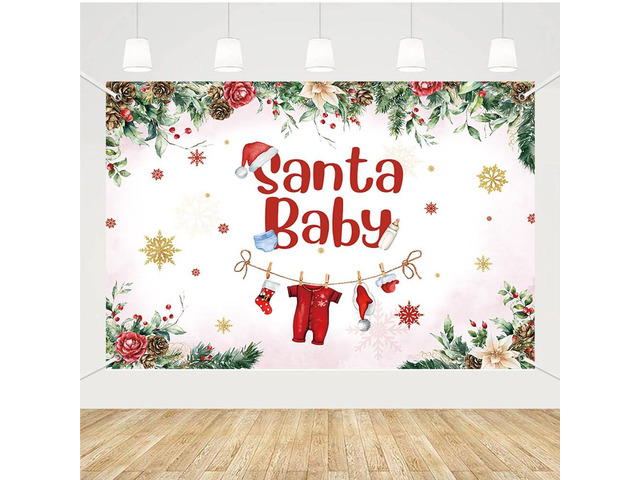 Christmas Baby Shower Backdrop Banner, Santa Xmas Tree Snowflake Decorations, Kids Winter Newborn Party Supplies, Cake Table Banner, Photo Props 8x6ft