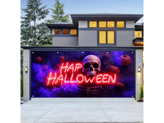Halloween Skull Garage Door Cover 13x6ft Polyester Polyester, glowing skull and neon decor Garage Door Cover for Halloween parties, haunted house...
