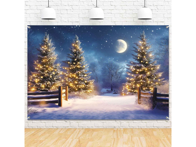 Snowy Winter Scene Backdrop Merry Christmas Party Decorations Banner Large Christmas Night Snow Pine Trees Holiday Party Photography Background...