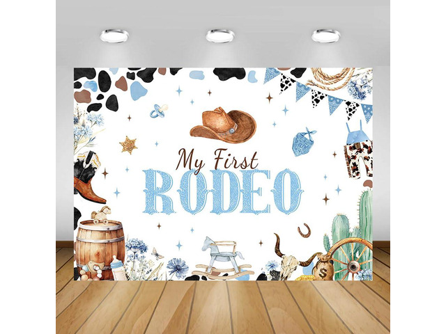 7x5ft Blue My First Rodeo Birthday Backdrop for Boy Western Cowboy 1st Birthday Decorations Retro Rodeo Party Banner Wild West Baby Shower Party...