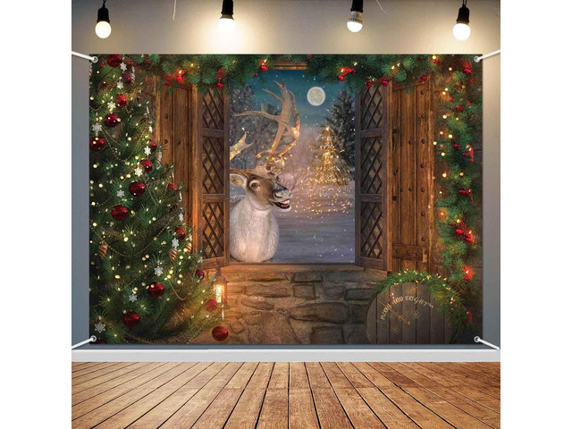 Christmas Reindeer Photo Backdrop Winter Window Tapestry Wall Banner Merry Christmas Party Decorations Holiday Scene Reindeer Games Photography...