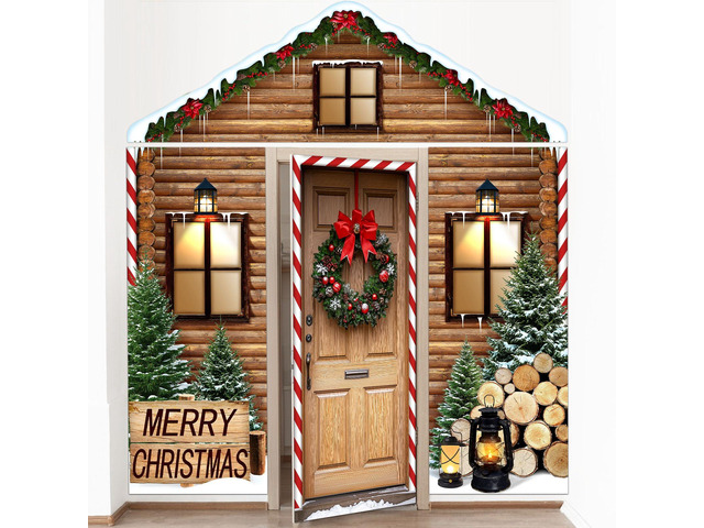 4 Pcs 98 Inch Gingerbread Door Cover Log House Christmas Peppermint Candy Design, Holiday Party Classroom Backdrop, Includes Gingerbread House...