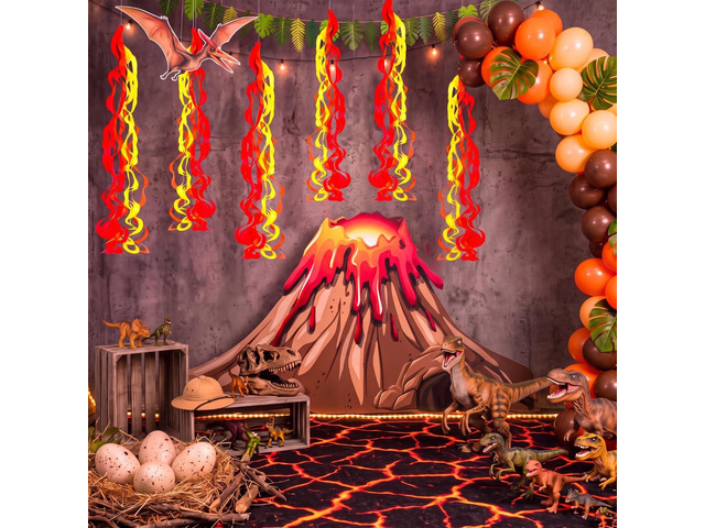 7 Pcs Volcano Eruption Party Decoration Kit, 5 x 7.5 ft Lava Flow Backdrop with 6 Flame Hanging Swirls Streamer Photo Booth Props for Floor Is Lava...