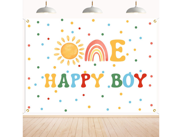 One Happy Boy Backdrop - Boho Boy's 1st Birthday Decor, First Trip Around the Sun Decor, Sunshine Birthday Baby Shower Party Decorations for boy 7x5ft