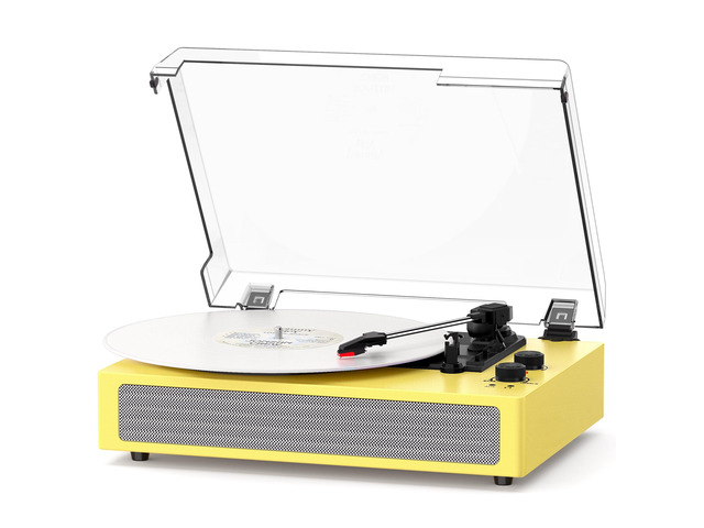 Yellow Bluetooth Record Player, 3-Speed Belt Drive Turntable Bright vintage design with Bluetooth, 3-speed playback, stereo speakers, auto stop,...