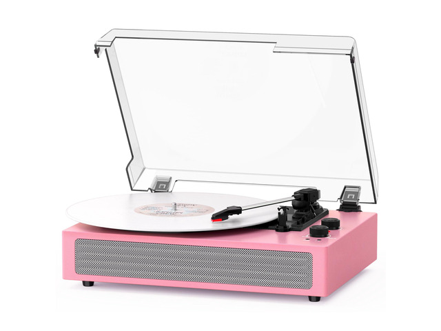 Pink Bluetooth Record Player, 3-Speed Belt Drive Turntable Stylish pink design with Bluetooth, dual stereo speakers, 3-speed playback, auto stop,...