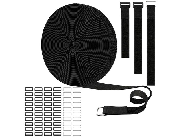 1'x36Ft Reusable Hook and Loop Straps With 60 Plastic & Metal Buckles Adjustable Fastening Cable Straps,Cut-to-Length Cinch Strap,Black Nylon Cord...
