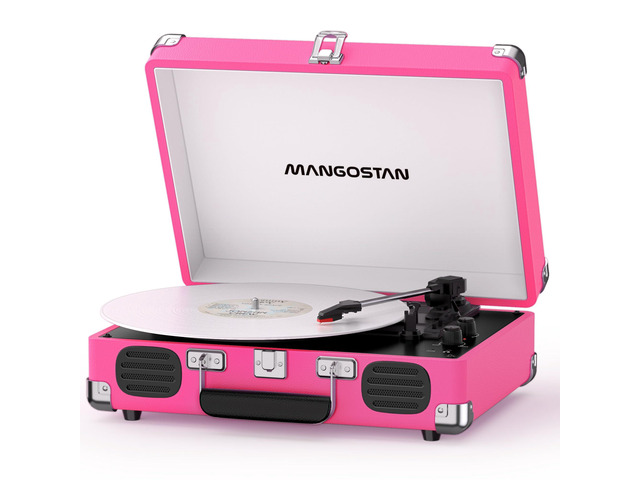 Pink Bluetooth Record Player, 3-Speed Suitcase Turntable Stylish pink design with Bluetooth, 3-speed vinyl playback, dual speakers, tone control,...