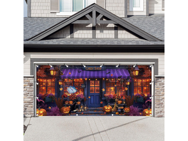 1PC 16x7ft Halloween Candy Shop Garage Door Banner Decorations Magic Witch Pumpkin Photography Backdrop, Maple Night Wall Cover, Outdoor Holiday...