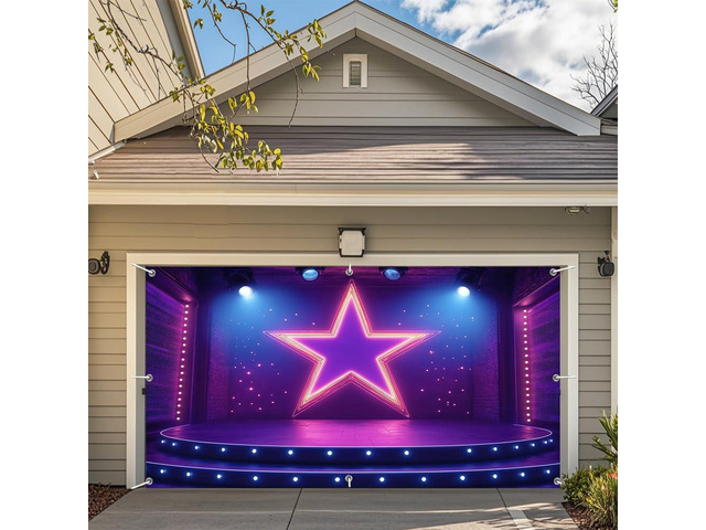 7X8ft Show Stage Garage Door Cover Background Purples Star Spotlight Hall Club Rockstar Music Party Background Dance for Movie Night Performance...