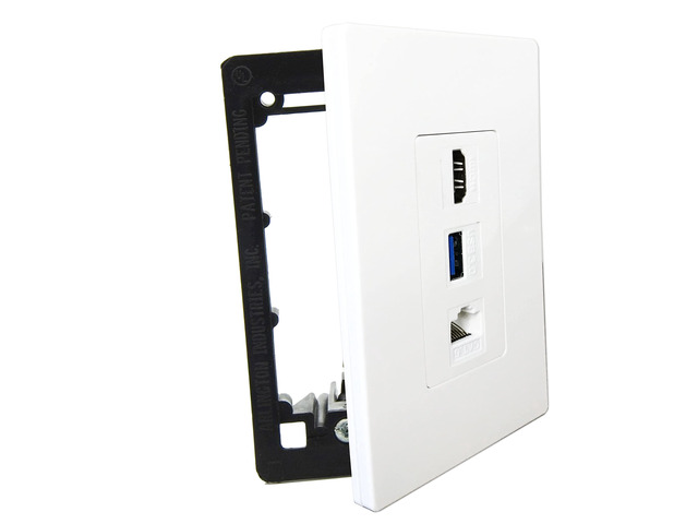 Premium 1 HDMI, 1 USB, 1 Ethernet Cat 6 RJ45, Pass Through, with Mounting Bracket, for Ethernet HDMI USB Setups, Screwless Wall Plate Outlet - White