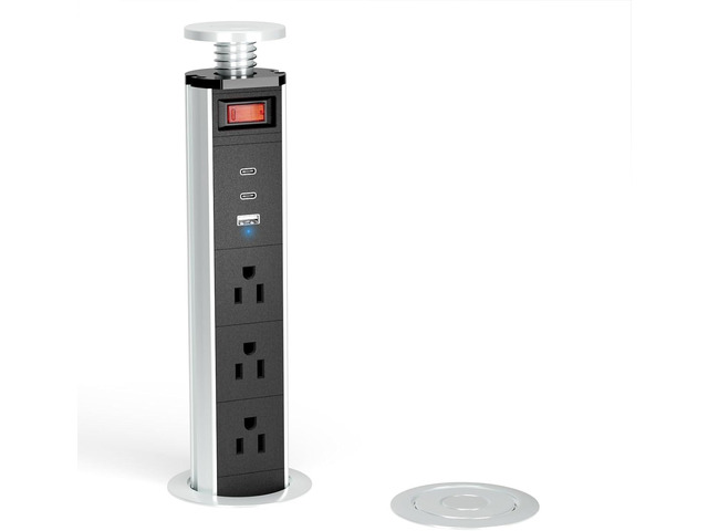 2-1/2' Pull Up Outlet for Countertop, USB-C PD 20W and 3 Outlets Manual-Lift Hidden Design, Space-Saving, 6 Ft Cord, RV Tables, Camper Interiors,...