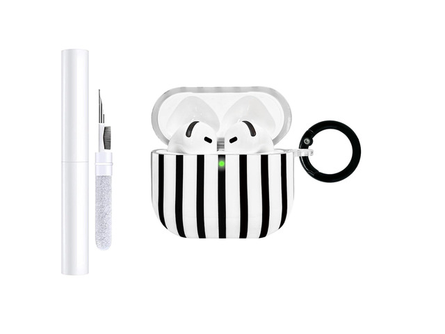 Compatible with AirPods 4 Case Cover 2024, Hard TPU Case with Cute Stripe Pattern for AirPods 4th Generation Case with Metal Keychain and Cleaning...