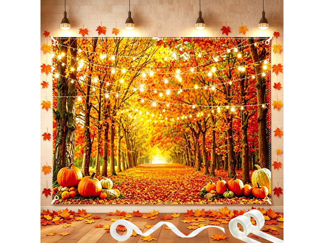 8x6FT Fall Backdrop Autumn Thanksgiving Background with 100 Maple Leaves Photography backdrop, glue dots, harvest pumpkin forest banner, ribbon,...