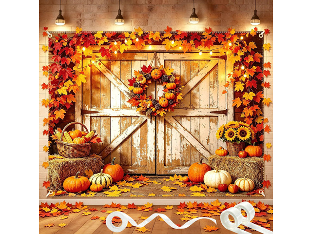 8x6FT Fall Backdrop Thanksgiving Backdrop with 100 Maple Leaves Glue dots, 10m ribbon, pumpkin harvest design, fall photo backdrop, baby shower...