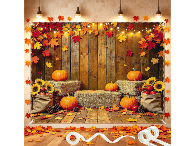 8x6FT Fall Pumpkin Backdrop Thanksgiving Backdrop with 100 Maple Leaves Glue dots, 10m ribbon, wooden barn truck harvest design, photography,...