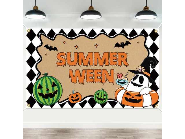 Summerween Decorations, Happy Summerween Banner Backdrop, Halloween in Summer Cartoon Spooky Summer Halloween Pool Beach Party Supplies