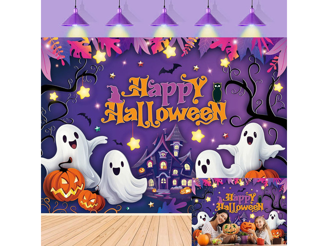 Purple Happy Halloween Backdrop Cartoon Spooky Pumpkin Castle Scary Photography Background Kids Adult Horror Birthday Party Decorations Banner...
