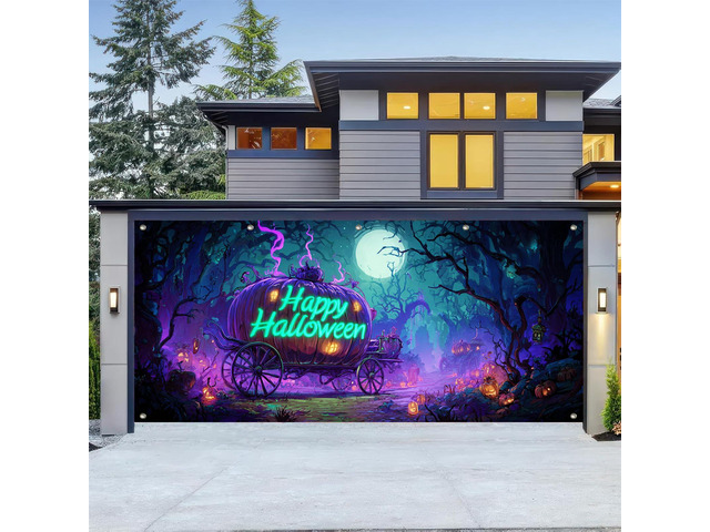 Halloween Door Cover 13x6ft Polyester Garage Banner Polyester, skeleton in brick wall Halloween Door Cover for holiday, outdoor and party wall...