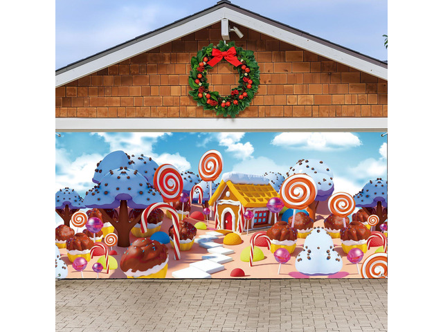 16 x 7 ft Christmas Gingerbread Garage Door Cover Decorations Candy Extra Large Xmas Ginger Bread Printed Hanging Door Backdrop Garage Cover for...